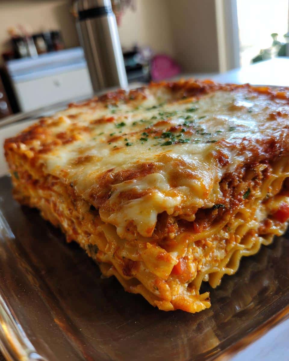 Disgustingly Easy Cottage Cheese Veggie Pasta Bake Recipe 8 A slice of Easy Cottage Cheese Veggie Pasta Bake with layers of pasta, vegetables, and melted cheese.