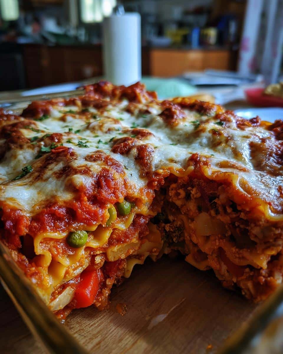 Disgustingly Easy Cottage Cheese Veggie Pasta Bake Recipe 6 A close-up of Easy Cottage Cheese Veggie Pasta Bake, showing layers of pasta, vegetables, cottage cheese, and tomato sauce.