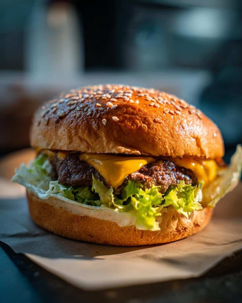Unbelievably Delicious Crack Burgers: Only 7 Ingredients 8 A juicy Crack Burger with melted cheese, fresh lettuce, and a sesame seed bun, ready to eat.