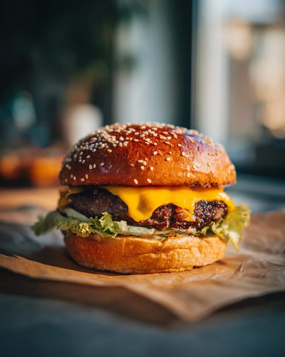 Unbelievably Delicious Crack Burgers: Only 7 Ingredients 9 A single Crack Burger featuring a juicy patty, melted cheese, lettuce, and a sesame seed bun, presented on brown paper.