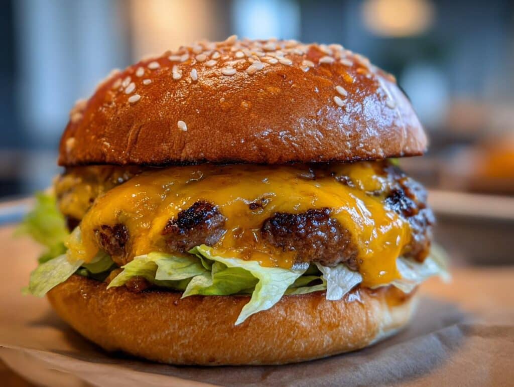 A mouthwatering Crack Burgers featuring a juicy patty, melted cheese, and fresh lettuce on a sesame seed bun.