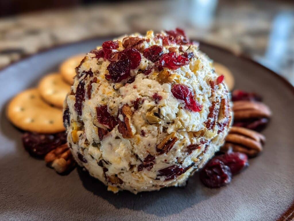 A delicious Cranberry Pecan Cheese Ball on a plate with crackers and pecans, ready to be served.
