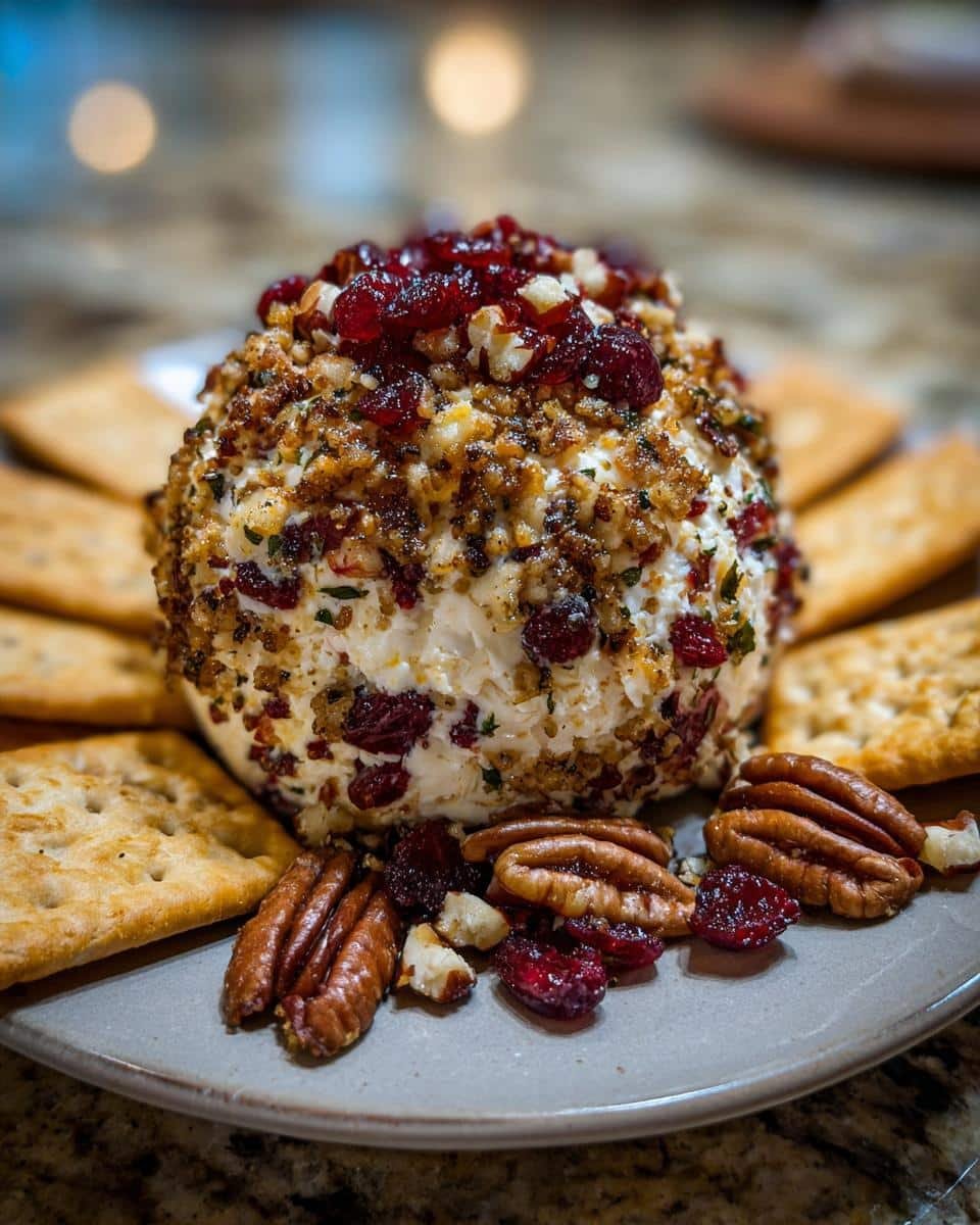 Devastatingly Delicious Cranberry Pecan Cheese Ball 6 A delicious Cranberry Pecan Cheese Ball surrounded by crackers and pecans on a plate.