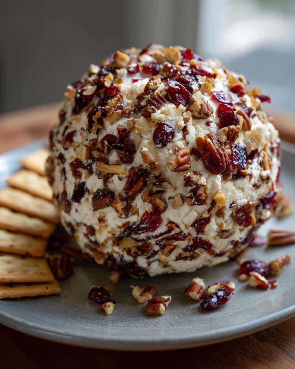 Devastatingly Delicious Cranberry Pecan Cheese Ball 8 A delicious Cranberry Pecan Cheese Ball on a plate with crackers, ready to be served.