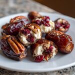 Plate of Cranberry Pecan Cream Cheese Stuffed Dates, some halved to show the filling.