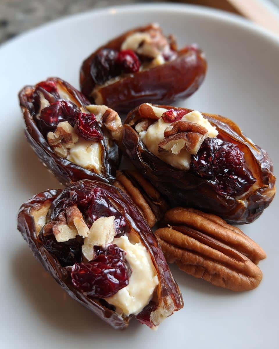 Cranberry Pecan Cream Cheese Stuffed Dates: 10-Minute Sin 7 Close-up of Cranberry Pecan Cream Cheese Stuffed Dates on a white plate with whole pecans.