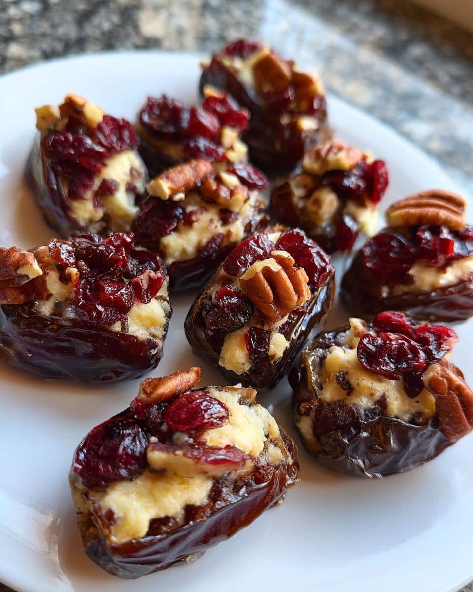 Cranberry Pecan Cream Cheese Stuffed Dates: 10-Minute Sin 9 A plate of Cranberry Pecan Cream Cheese Stuffed Dates, a delicious and easy appetizer.