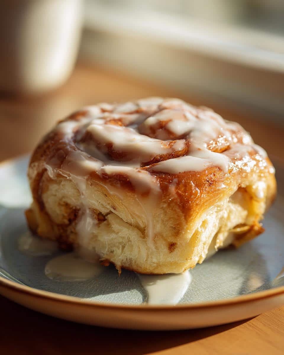 Creamy Bueno Rolls: 12 Sinful Steps to Heaven 9 A single Creamy Bueno Cinnamon-Style Roll with icing on a blue plate, showcasing its flaky layers and delicious glaze.