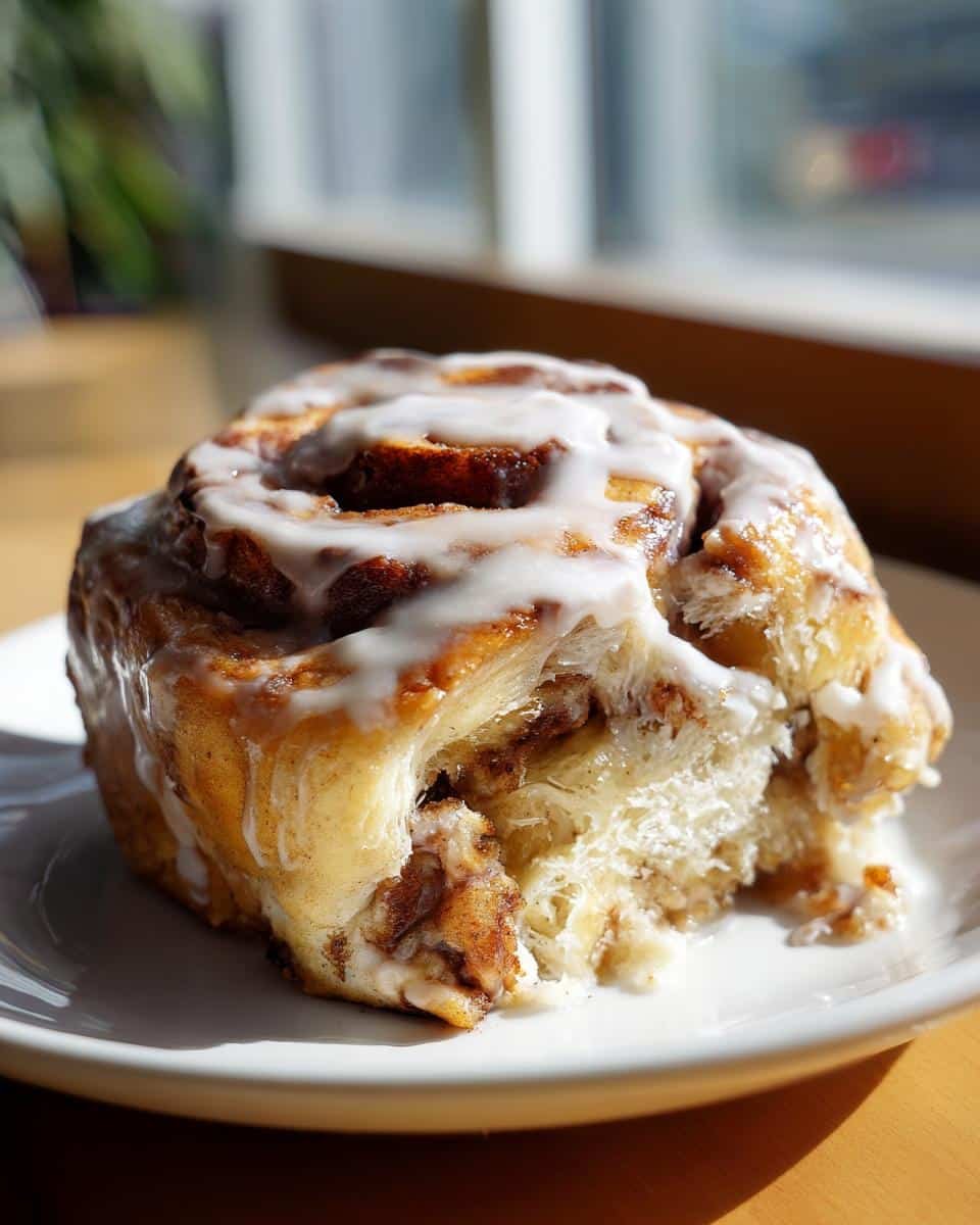 Creamy Bueno Rolls: 12 Sinful Steps to Heaven 6 A close-up of a Creamy Bueno Cinnamon-Style Roll with icing on a white plate, partially eaten.