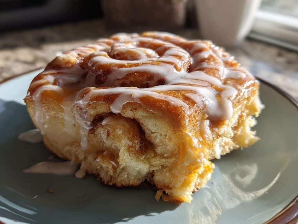 A close-up of a Creamy Bueno Cinnamon-Style Roll, glazed with icing, sitting on a plate in natural light.