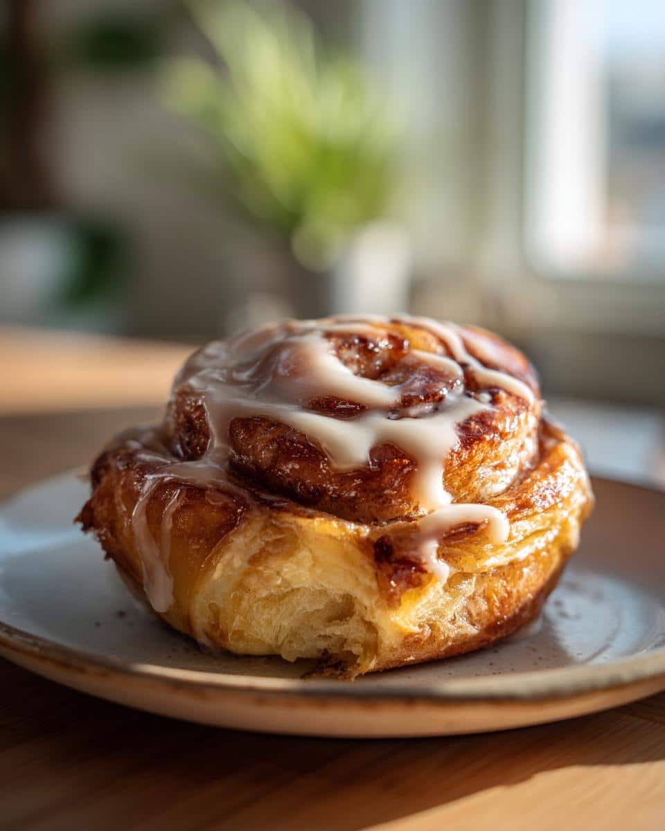 Creamy Bueno Rolls: 12 Sinful Steps to Heaven 7 A single Creamy Bueno Cinnamon-Style Roll sits on a plate, drizzled with white icing.