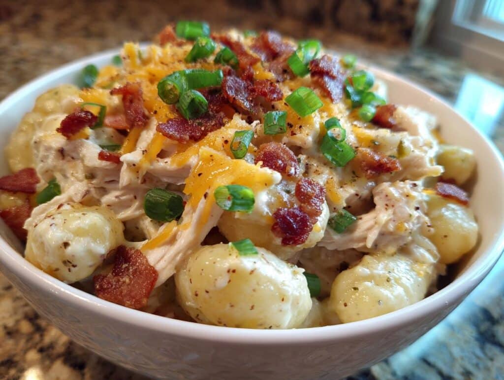 A bowl of Creamy Crack Chicken Gnocchi, topped with bacon, cheese, and green onions.