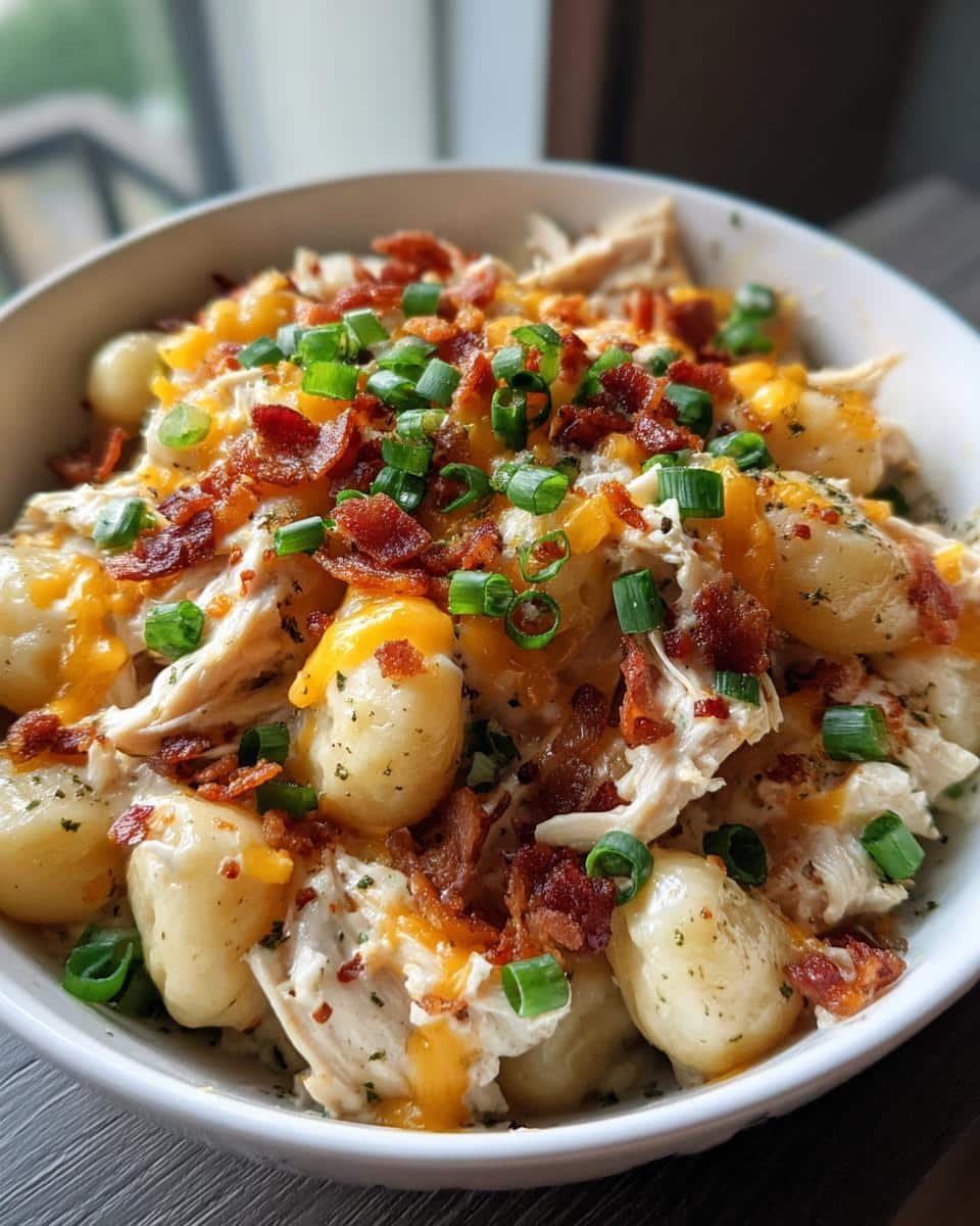Creamy Crack Chicken Gnocchi: 25-Minute Insanely Good Dish 6 Bowl of Creamy Crack Chicken Gnocchi topped with bacon, cheese, and green onions.