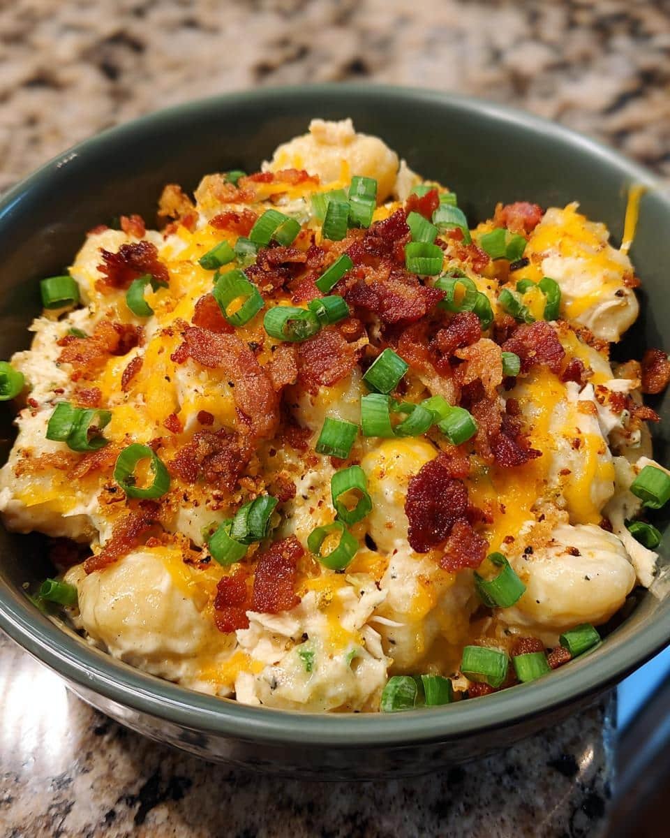 Creamy Crack Chicken Gnocchi: 25-Minute Insanely Good Dish 7 Bowl of Creamy Crack Chicken Gnocchi topped with bacon, cheese, and green onions.