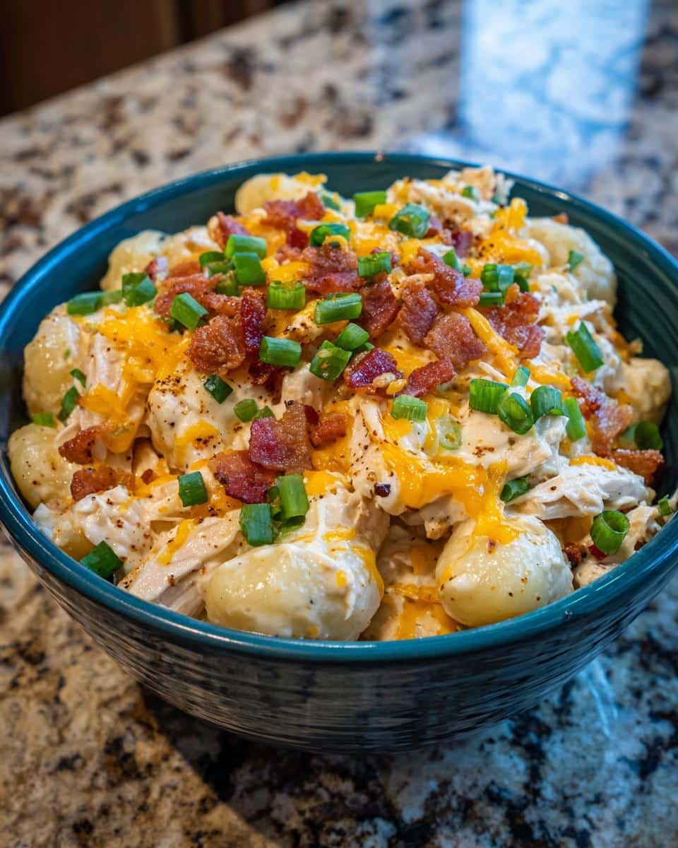 Creamy Crack Chicken Gnocchi: 25-Minute Insanely Good Dish 8 A bowl of Creamy Crack Chicken Gnocchi topped with bacon, cheese, and green onions.