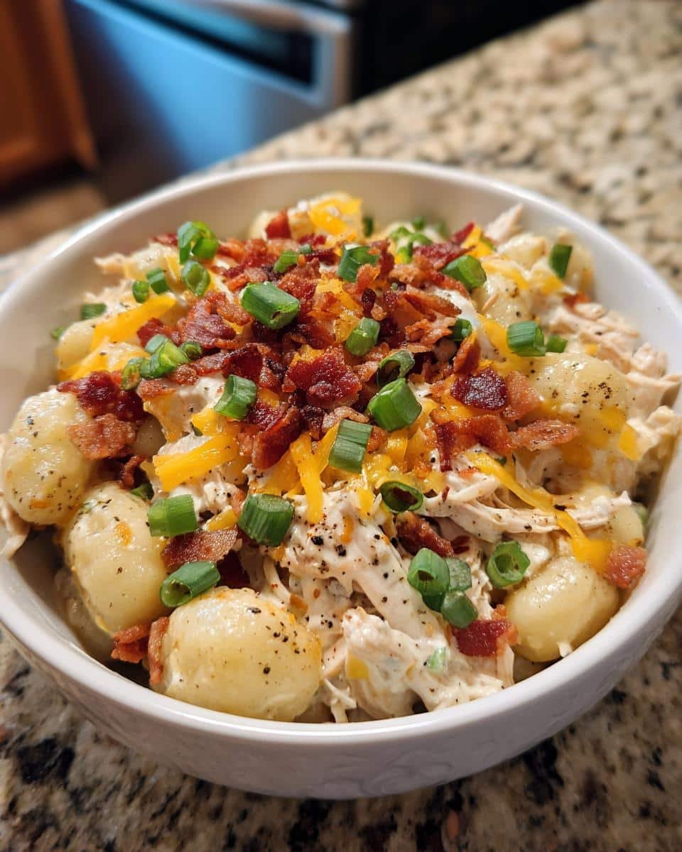 Creamy Crack Chicken Gnocchi: 25-Minute Insanely Good Dish 9 A bowl of Creamy Crack Chicken Gnocchi topped with bacon, cheese, and green onions.