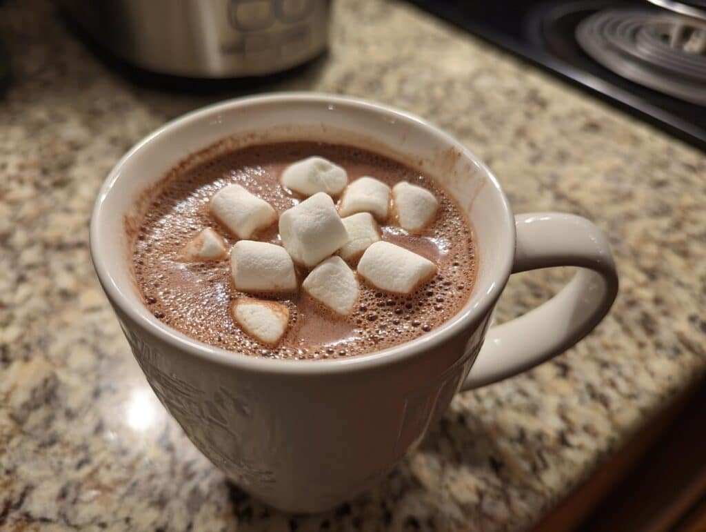 A mug of creamy crockpot hot chocolate topped with marshmallows, ready to enjoy.