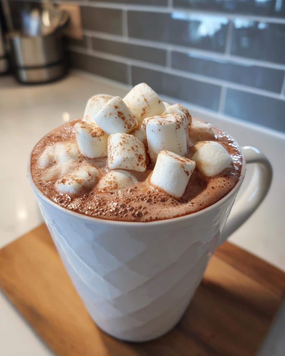 Indulge: Creamy Crockpot Hot Chocolate in Just 2 Hours 8 A mug of Creamy Crockpot Hot Chocolate topped with marshmallows, sitting on a wooden board.