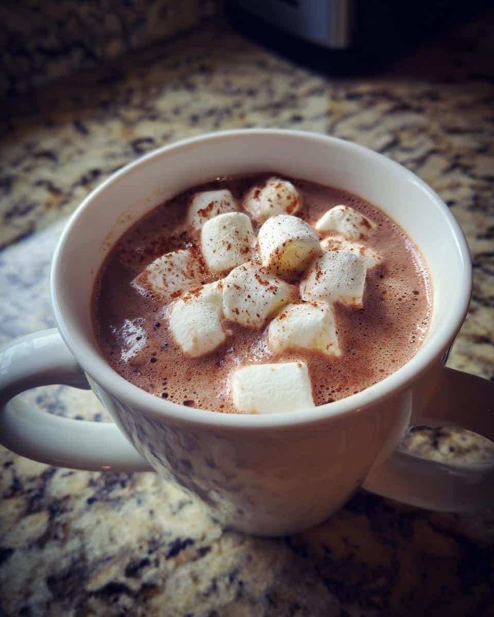 Indulge: Creamy Crockpot Hot Chocolate in Just 2 Hours 6 A mug of Creamy Crockpot Hot Chocolate topped with marshmallows and a dusting of cocoa powder.