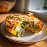 A Creamy Four Cheese Spinach Stuffed Butternut Squash on a plate, oozing with melted cheese.