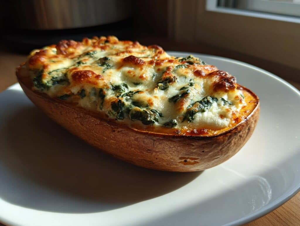 Baked Creamy Four Cheese Spinach Stuffed Butternut Squash on a white plate, golden brown and bubbly.