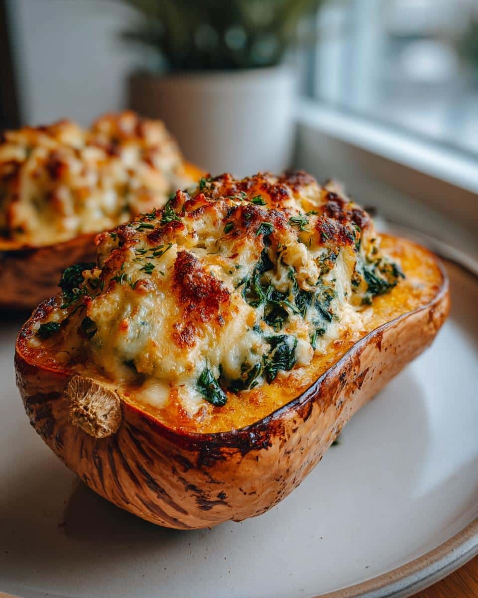 Heavenly Creamy Four Cheese Squash: Easy Recipe 6 Close-up of Creamy Four Cheese Spinach Stuffed Butternut Squash on a plate, showing the cheesy spinach filling.