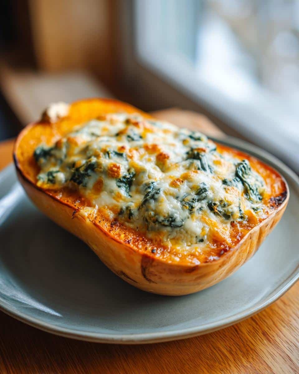 Heavenly Creamy Four Cheese Squash: Easy Recipe 7 A half butternut squash filled with creamy four cheese spinach stuffing, served on a plate.