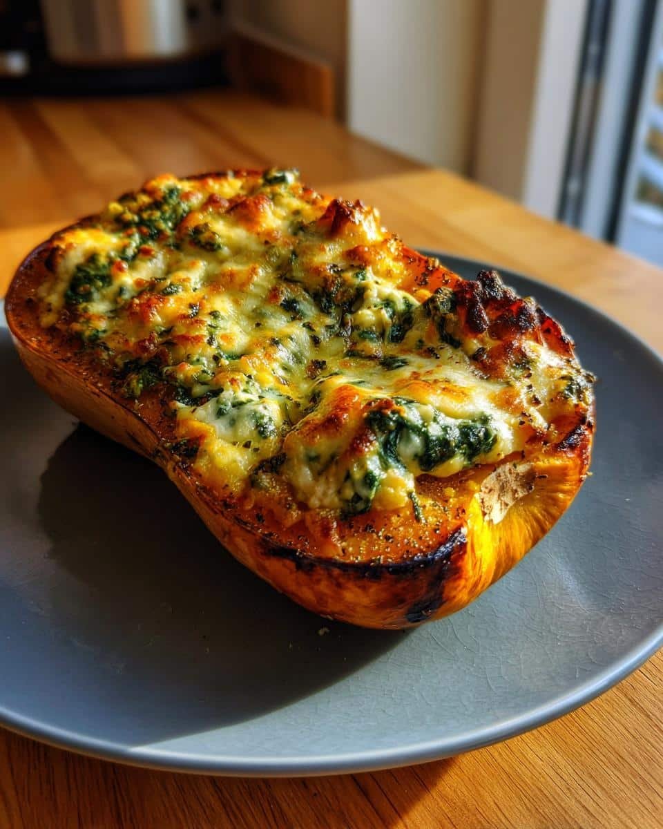 Heavenly Creamy Four Cheese Squash: Easy Recipe 8 A Creamy Four Cheese Spinach Stuffed Butternut Squash on a plate, ready to eat.