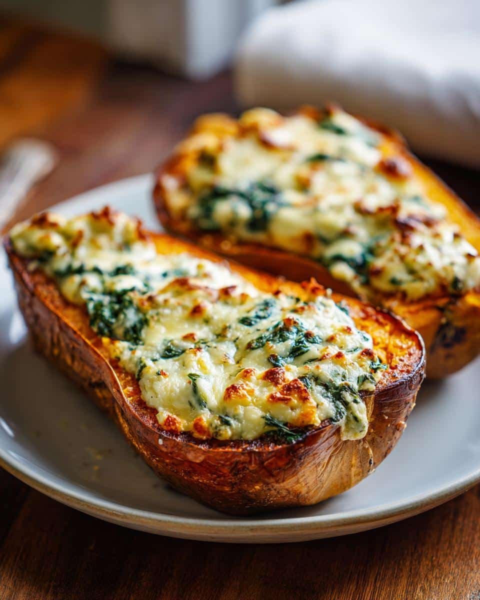 Heavenly Creamy Four Cheese Squash: Easy Recipe 9 Two halves of Creamy Four Cheese Spinach Stuffed Butternut Squash on a plate, ready to be served.