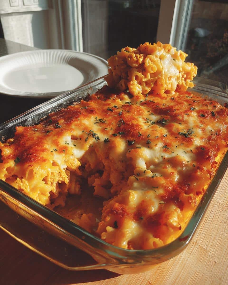Easy Creamy Ground Turkey Pasta Recipe: Melty & Loved 8 Baked Creamy Ground Turkey Pasta with Melty Cheese in a glass dish, garnished with herbs.