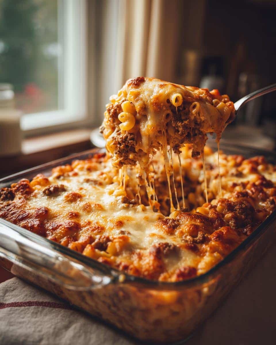 Easy Creamy Ground Turkey Pasta Recipe: Melty & Loved 9 Spoon lifting a serving of Creamy Ground Turkey Pasta with Melty Cheese from a glass baking dish.