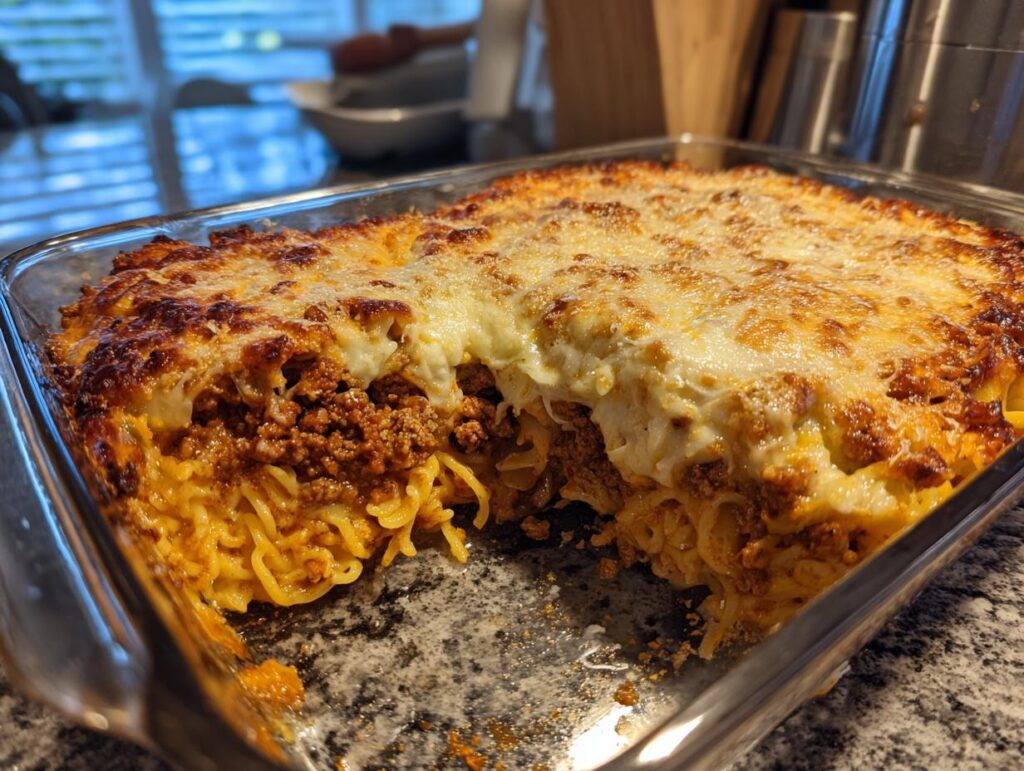 A delicious Creamy Ground Turkey Pasta with Melty Cheese in a glass baking dish.