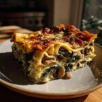 A delicious slice of Creamy Spinach Mushroom Lasagna with layers of pasta, spinach, and mushrooms.