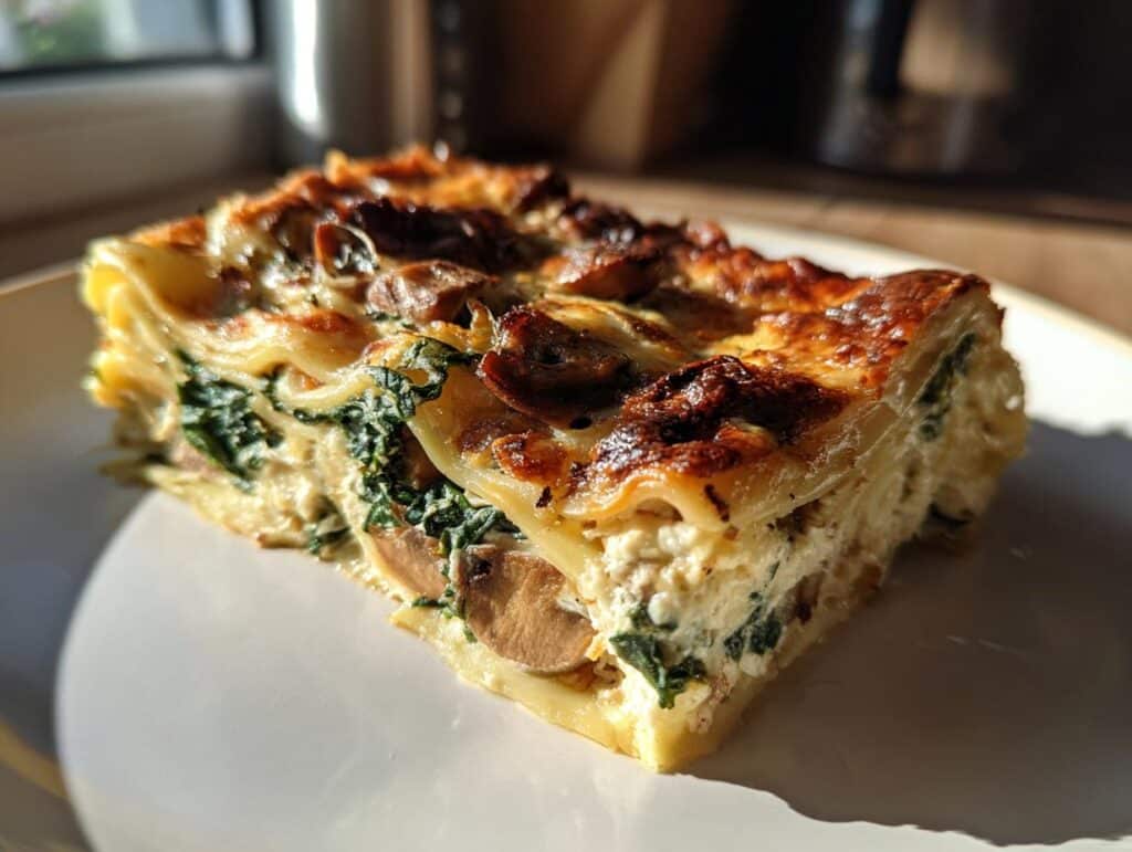 A slice of Creamy Spinach Mushroom Lasagna with visible layers of spinach, mushrooms, cheese, and lasagna noodles.