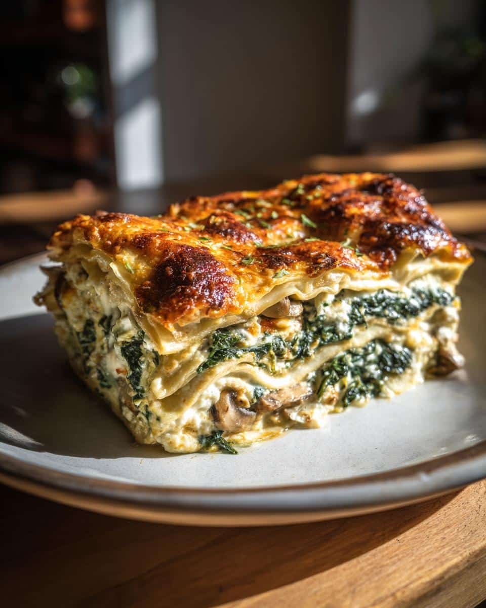 Creamy Spinach Mushroom Lasagna: An Unbelievably Tasty Dish 6 A slice of Creamy Spinach Mushroom Lasagna with visible layers of spinach, mushrooms, and golden-brown crust.