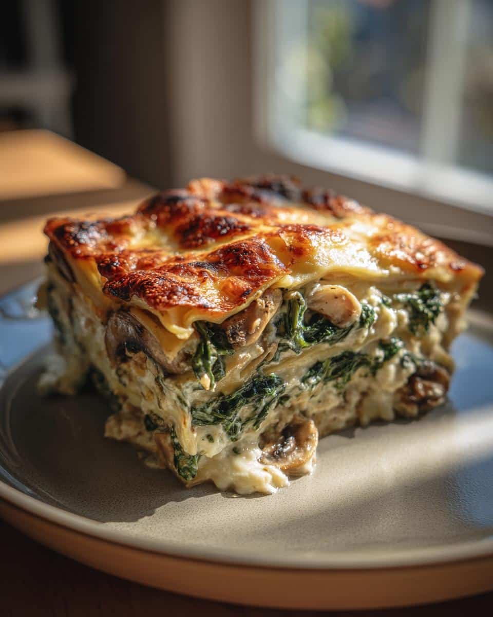 Creamy Spinach Mushroom Lasagna: An Unbelievably Tasty Dish 8 A slice of Creamy Spinach Mushroom Lasagna with visible layers of spinach, mushrooms, and creamy sauce.
