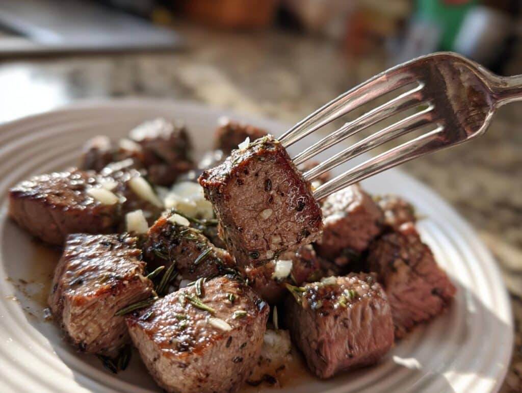 Close-up of Crock Pot Garlic Butter Steak Bites on a fork, garnished with herbs and garlic.