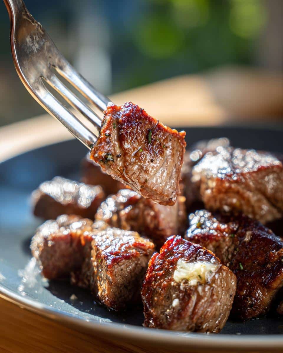 Crock Pot Garlic Butter Steak Bites: 4-Hour Tender Bliss 8 Close-up of Crock Pot Garlic Butter Steak Bites on a fork, showcasing the tender, juicy texture.