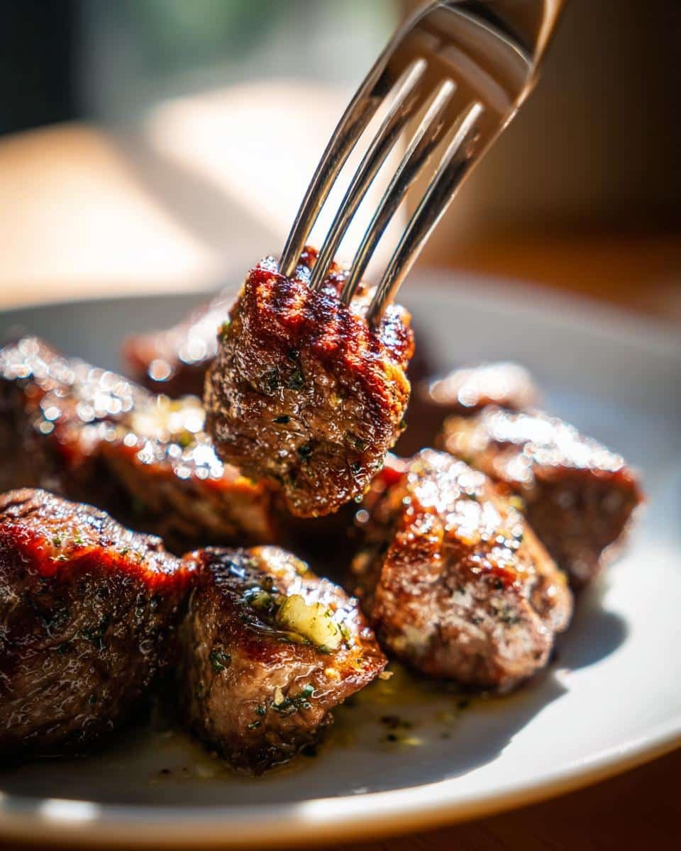 Crock Pot Garlic Butter Steak Bites: 4-Hour Tender Bliss 9 A fork pierces a juicy Crock Pot Garlic Butter Steak Bites, glistening with garlic butter sauce.