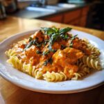 A plate of Crockpot Marry Me Chicken served over rotini pasta and garnished with fresh basil.