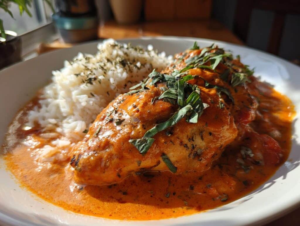 A plate of Crockpot Marry Me Chicken served with white rice and garnished with fresh basil.