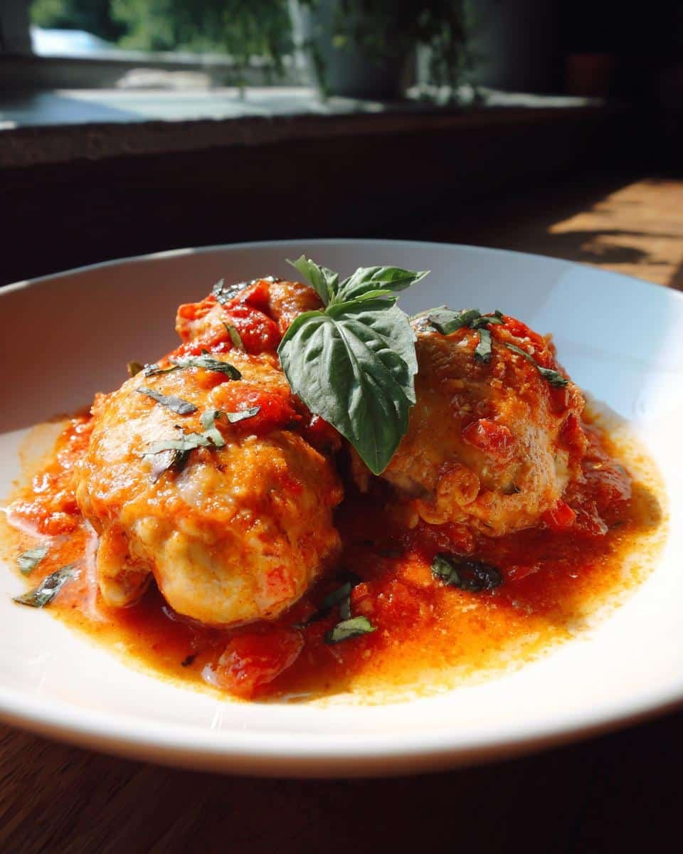 Crockpot Marry Me Chicken: Outrageously Easy 6-Hour Recipe 9 Three pieces of Crockpot Marry Me Chicken in a rich tomato sauce, garnished with fresh basil.