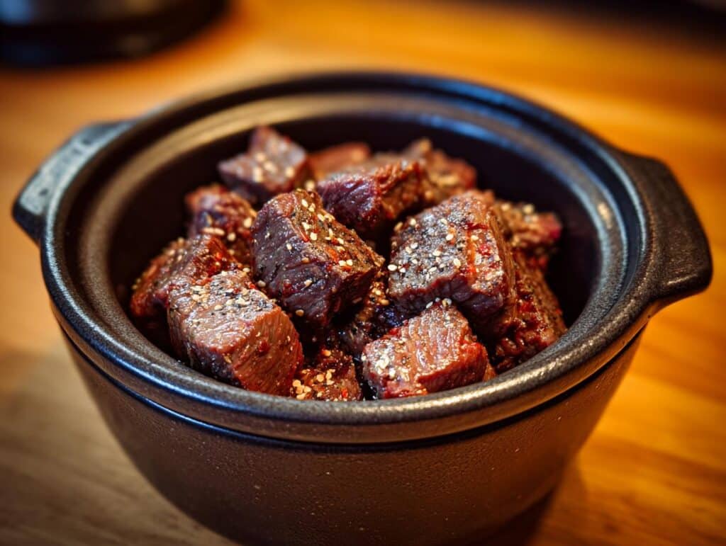 Close-up of Crockpot Steak Bites in a black bowl, seasoned with spices and sesame seeds.