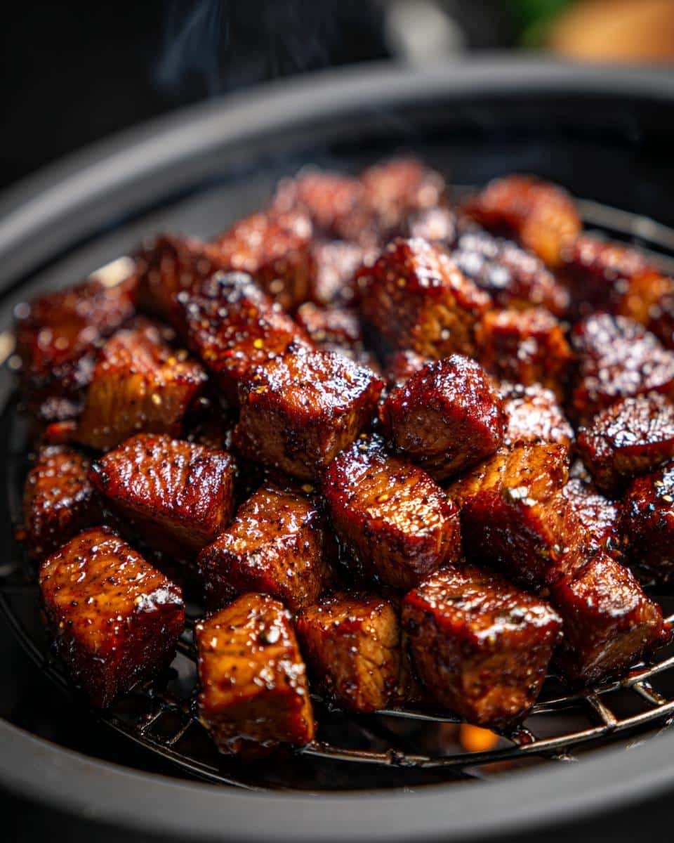 Fail-Proof Crockpot Steak Bites in Under 1 Hour 8 Close-up of tender, glistening Crockpot Steak Bites on a wire rack, ready to serve.