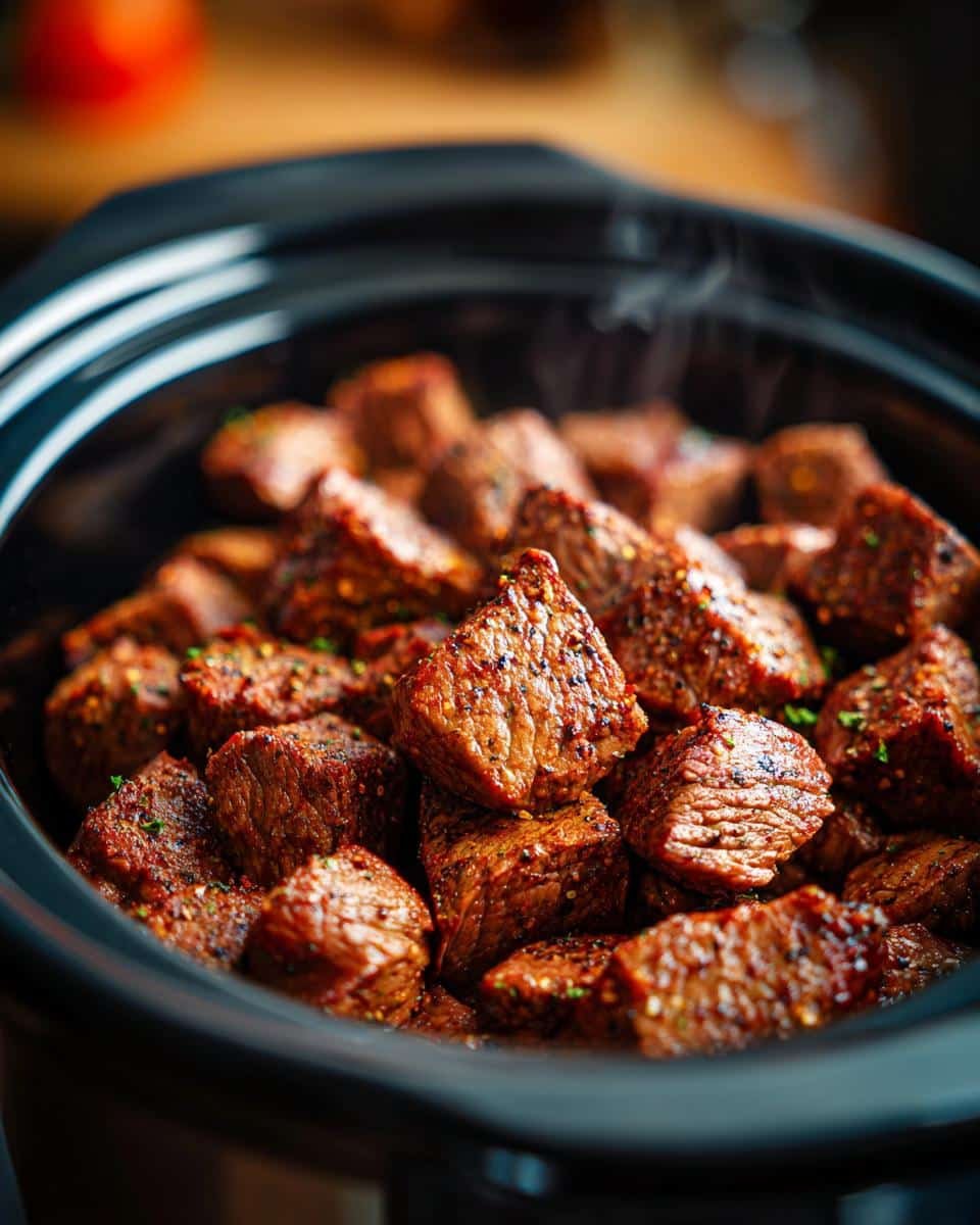 Fail-Proof Crockpot Steak Bites in Under 1 Hour 7 Close-up of tender Crockpot Steak Bites in a slow cooker, ready to serve.
