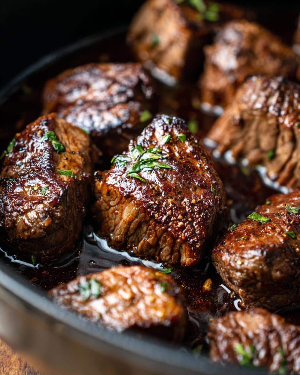 Fail-Proof Crockpot Steak Bites in Under 1 Hour 6 Close-up of tender Crockpot Steak Bites, glistening with sauce and garnished with fresh herbs.