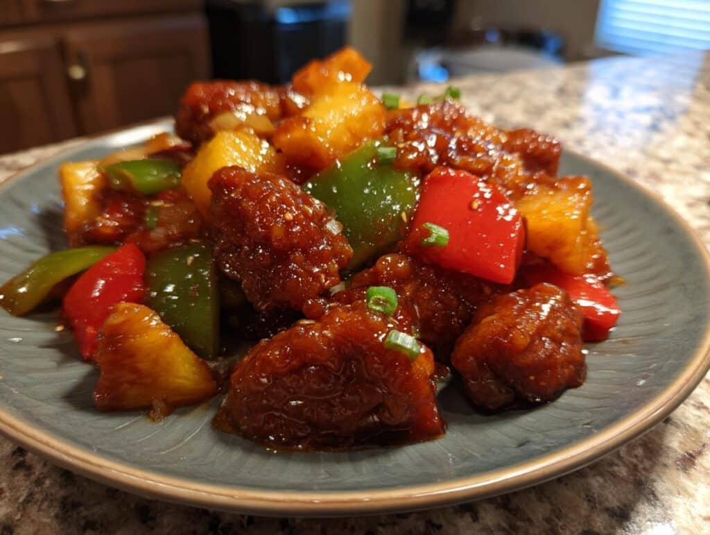 Delicious Crockpot Sweet and Sour Chicken with pineapple and peppers served on a plate.