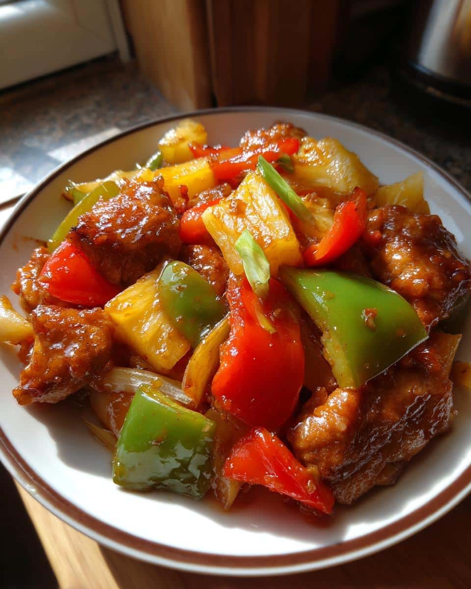 Crockpot Sweet and Sour Chicken: 5 Easy Steps to Delicious 6 A serving of Crockpot Sweet and Sour Chicken with pineapple, red and green peppers, garnished with green onions.
