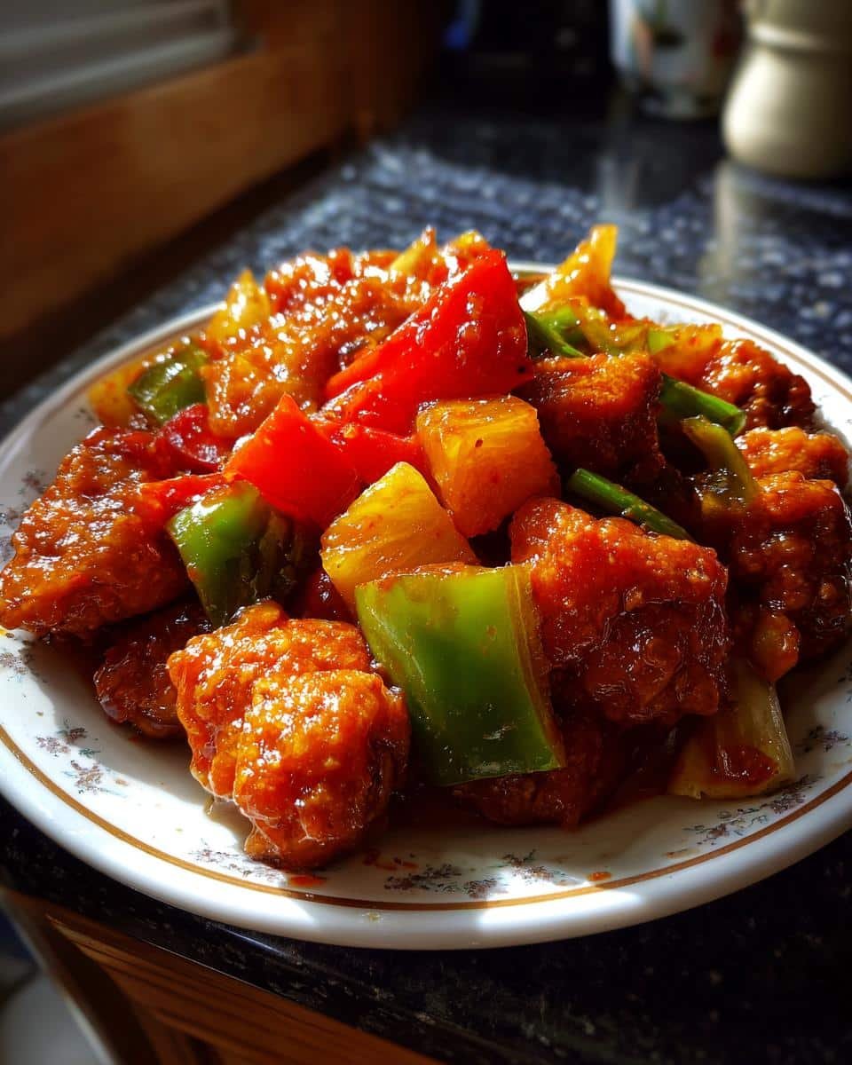 Crockpot Sweet and Sour Chicken: 5 Easy Steps to Delicious 8 A serving of Crockpot Sweet and Sour Chicken with peppers and pineapple on a patterned plate.