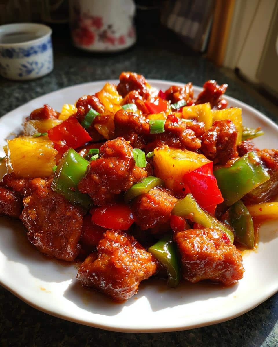Crockpot Sweet and Sour Chicken: 5 Easy Steps to Delicious 9 A serving of Crockpot Sweet and Sour Chicken with pineapple and bell peppers on a white plate.